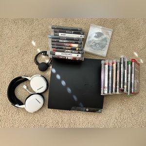 PS3, headset, & 19 ps3 games for sale